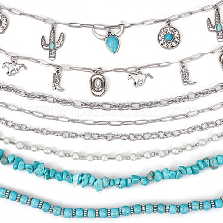 8 шт. 8 стиля ковбойской тематики синтетическая бирюза и цепочка для бейсболки из нержавеющей стали 304&nbsp;HJEW-SC0002-41