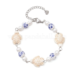 Браслеты из круглых бусин из сине-белого фарфора и окрашенной синтетической бирюзы в виде черепахи с бусинами из перламутра.&nbsp;BJEW-JB13455