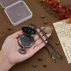 Винтажные плоские круглые карманные часы из сплава с полыми корпусами и латунной цепочкой&nbsp;AJEW-PH0007-68B