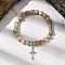 Cross Alloy Charm Bracelets, Natural Wood Round Beaded Stretch Bracelets for Men Women, Beige, Inner Diameter: 2-1/4 inch(5.75cm)