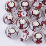 Бусины лэмпворк европейского стиля , со цветком внутри , бусины с большим отверстием, с серебристым покрытием из латуни, рондель, огнеупорный кирпич, 14x7.5 мм, отверстие : 4 мм