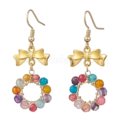 3 пара серег-подвесок из окрашенного и нагретого натурального агата с бантом и кольцом&nbsp;EJEW-JE06839