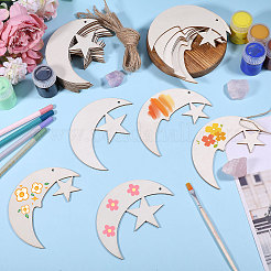 40 сумка 2 стиля луна и звезда незаконченные заготовки деревянные подвески набор для рисования искусства&nbsp;HJEW-CA0001-75