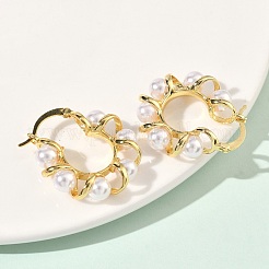 Серьги-кольца из латуни и АБС-пластика с жемчугом&nbsp;EJEW-P336-05G