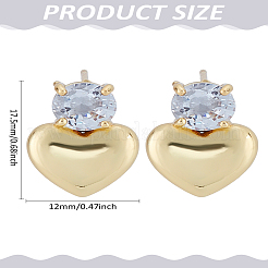 1 пара серег-гвоздиков в форме сердца из латуни с микропаве из прозрачных кубических цирконий&nbsp;EJEW-LP0004-98G