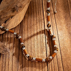Регулируемые винтажные богемные мужские круглые бусы из натурального тигрового глаза и древесины колонного цвета&nbsp;HA1225