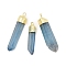 Natural Quartz Crystal Pointed Pendants, Bullet Shape, Dyed, with Golden Brass Finding, Light Blue, 35~53x7~13x5.5~10mm, Hole: 2.5mm