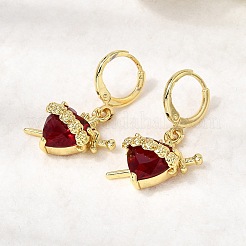 Серьги-кольца из латуни и стекла в форме сердца&nbsp;EJEW-P333-09C-G