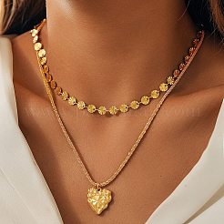 304 нержавеющая сталь кулон в форме сердца плоская цепочка с пайетками двухслойные ожерелья для женщин&nbsp;LS-NJEW-F343-03G