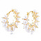 ABS Plastic Pearl Beaded Hoop Earrings with Clear Cubic Zirconia, Brass Flower Earrings for Women, Nickel Free, Golden, 25.5x28x11mm, Pin: 1mm