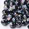 Printed & Spray Painted Glass Beads, Round with Flower Pattern, Black, 10~10.5x9.5mm, Hole: 1.6mm