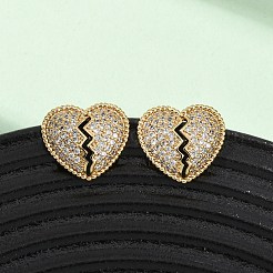 Серьги-гвоздики с разбитым сердцем из латуни с микропаве из кубических цирконий&nbsp;EJEW-B153-19G-03