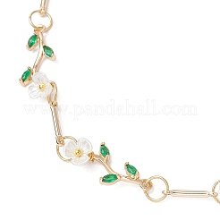 Цепочки-колье из латунной микропаве с зелеными кубическими цирконами и искусственным жемчугом в виде цветочной ветки для женщин&nbsp;NJEW-JN05309