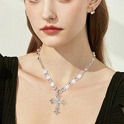 2 шт. 2-цветное ожерелье с подвеской в виде креста-флери из горного хрусталя и цепочками из пластиковых бусин&nbsp;NJEW-AN0001-77