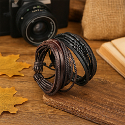 6шт 2 цвета pu кожа многорядные плетеные браслеты для мужчин&nbsp;BJEW-GO0002-15