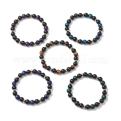 Женские браслеты с круглыми бусинами из натурального тигрового глаза&nbsp;BJEW-JB12762