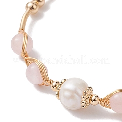 Круглый браслет-манжета из натурального розового кварца с бисером&nbsp;BJEW-JB10113-02