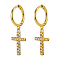 925 Sterling Silver Micro Pave Cubic Zirconia Dangle Hoop Earrings, Cross, Real 16K Gold Plated, 27x8.5mm
