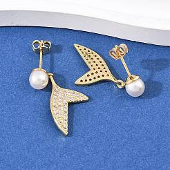 Серьги-гвоздики с подвесками из латуни с микропаве из прозрачных кубических цирконий в форме рыбьего хвоста&nbsp;EJEW-C172-06G