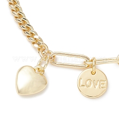 Браслеты из латуни с плоскими круглыми подвесками в виде слов «любовь» и сердечек.&nbsp;BJEW-JB13482