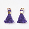 Polycotton(Polyester Cotton) Tassel Pendant Decorations, Mini Tassel, with Brass Clasps & Iron Rings, Light Gold, Indigo, 10~15x3~4mm, Hole: 2mm