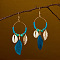 Ring with Leaf Zinc Alloy Acrylic Dangle Earrings, with Feather & Natural Shell, Bohemian Style, Golden, Cadet Blue, 90x30mm