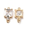 Brass Connector Charms, Cadmium Free & Nickel Free & Lead Free, with Clear Glass, Square, Real 18K Gold Plated, 16x8.5x4.5mm, Hole: 1.2mm