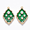 Brass Enamel Pendants, with ABS Plastic Imitation Pearl, Nickel Free, Rhombus, Real 18K Gold Plated, Green, 20x12.5x4mm, Hole: 1mm
