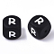Food Grade Eco-Friendly Silicone Beads, Horizontal Hole, Cube, Black, Letter.R, 12x12x12mm, Hole: 2mm