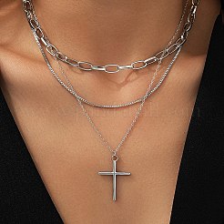 304 нержавеющая сталь крест кулон 3 слой ожерелья для женщин&nbsp;LS-NJEW-F343-02P