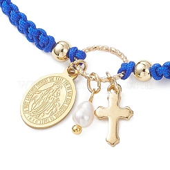 Браслеты с подвесками в форме овала с изображением Девы Марии и креста из нержавеющей стали 304 и натурального пресноводного жемчуга&nbsp;BJEW-JB12928