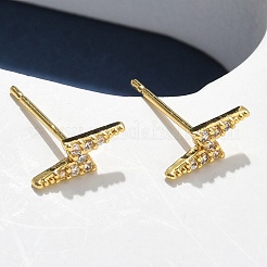 Серьги-гвоздики из латуни с микропаве из прозрачного кубического циркония с молнией&nbsp;EJEW-D318-07G