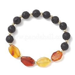 Эластичные браслеты из натурального янтаря и бусин из лавового камня для женщин&nbsp;BJEW-JB13383-02