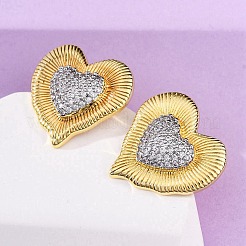 Серьги-гвоздики из латуни с микро-паве и прозрачным фианитом в форме сердца&nbsp;EJEW-H158-02G