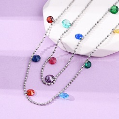 304 нержавеющая сталь шариковая цепочка разноцветные кубические цирконии плоские круглые кисточки двухслойные ожерелья для женщин&nbsp;LS-NJEW-A051-05P