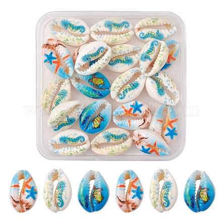 20шт печатные натуральные бусины из ракушек каури SHEL-YW0001-03D-1