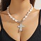 Imitation Pearl Triangle Beaded Alloy Textured Cross Pendant Necklaces, White, Platinum, 17.72 inch(45cm), Pendant: 40mm long