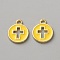 Alloy Enamel Pendants, Flat Round with Cross Charm, Gold, 15x12x1.2mm, Hole: 1.8mm