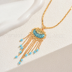 Богемская латунь паве синтетическая бирюза овальные с цепочкой кисточкой подвески ожерелья для женщин&nbsp;MZ5420