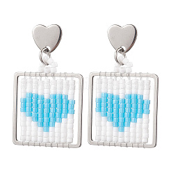 Серьги-гвоздики с подвесками в форме сердца из квадратного стеклянного бисера ручной работы&nbsp;EJEW-MZ00559-05