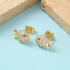 Серьги-гвоздики из латуни с микропаве из прозрачных кубических цирконий в форме рыб&nbsp;EJEW-Z144-17G
