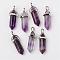 Natural Amethyst Double Terminated Pointed Pendants, with Random Alloy Pendant Hexagon Bead Cap Bails, Bullet, Platinum, 37~40x12mm, Hole: 3mm