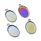 Ion Plating(IP) 304 Stainless Steel Pendant Cabochon Settings, Plain Edge Bezel Cups, Oval, Rainbow Color, Tray: 14x10mm, 17.5x11x1.5mm, Hole: 2mm