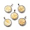 Brass with Natural Shell Carved Pendants, Rack Plating, Flat Round, Platinum, 22x19.5x3.5mm, Hole: 3x4mm