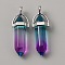 Glass Double Terminal Pointed Pendants, Bullet Charms, with Platinum Alloy Findings, Dark Violet, 42x13x10mm, Hole: 3.5x5mm