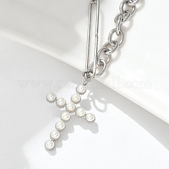 Ожерелья с подвеской-крестом из нержавеющей стали 304 и пластика ABS с имитацией жемчуга&nbsp;NJEW-S442-09P