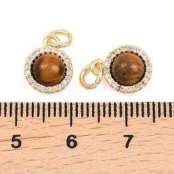 Круглые подвески из натурального тигрового глаза с латунной микропаве из прозрачных кубических цирконий&nbsp;KK-H538-16G