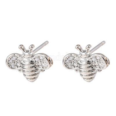 Серьги-гвоздики в виде пчел из латуни с микропаве из прозрачных кубических цирконий EJEW-L278-10P-1