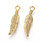 304 Stainless Steel Pendants, Ion Plating (IP), Feather, Golden, 25.5x6x2.5mm, Hole: 2mm