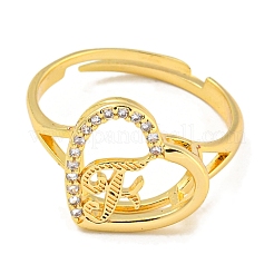 Сердце с буквой стойка покрытие латунь микро паве кубический цирконий регулируемые кольца для женщин&nbsp;RJEW-I105-06G-F